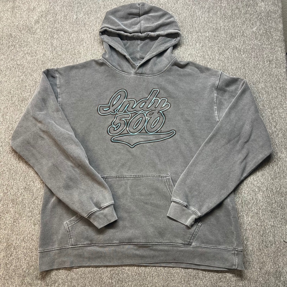 Blue 84 Indy 500 Hoodie Mens XL Faded Charcoal Gray Racing Graphic‎ Sweatshirt